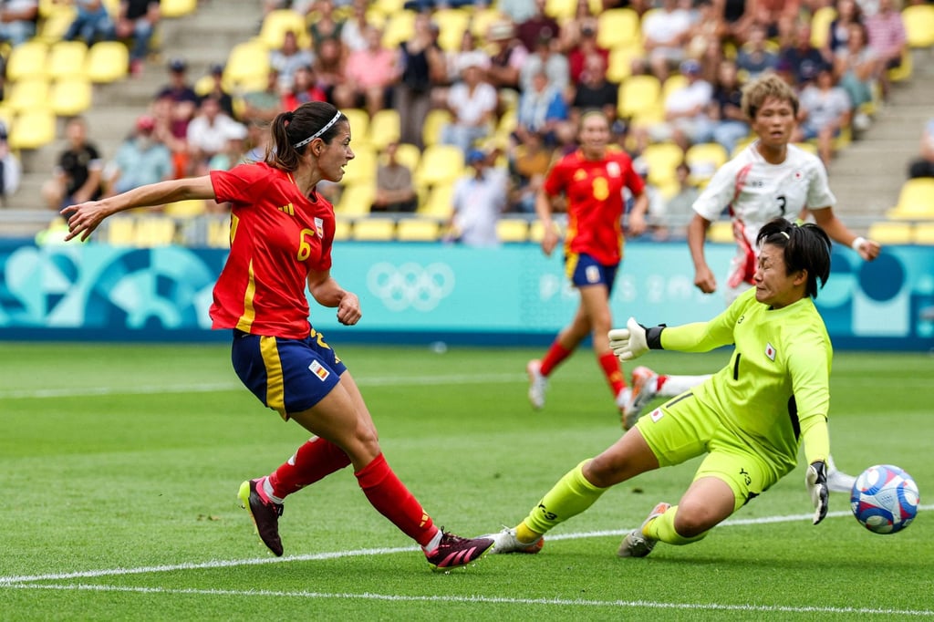 Aitana Bonmati (left) scores Spain’s first goal in their 2-1 win over Japan at the Paris 2024 Olympics. Photo: AFP Aitana Bonmati (left) scores Spain’s first goal in their 2-1 win over Japan at the Paris 2024 Olympics. Photo: AFP