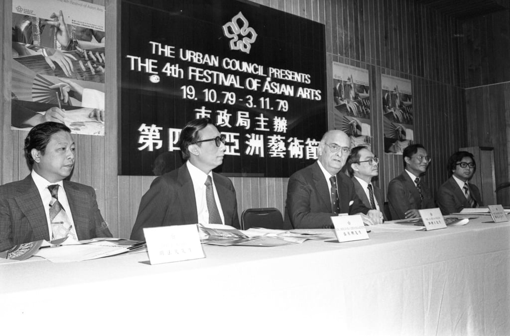 Urban councillors (from left) Hu Fa-kuang, Hilton Cheong-Leen, Arnaldo de Oliveira Sales, Darwin Chen, T.A. Chow and Peter Cheung attend a press conference in 1979. Photo: SCMP Archive