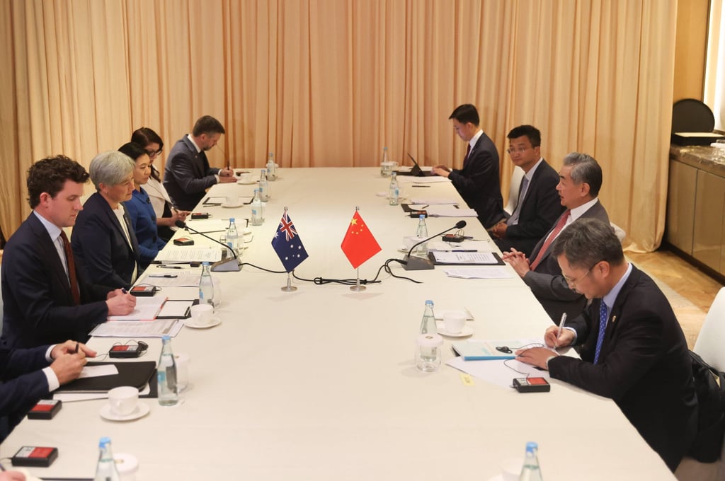 The Australian side, led by Foreign Minister Penny Wong (centre left), and Chinese Foreign Minister Wang Yi (centre right) with his team, meet on the sidelines of an Asean forum in Manila on Tuesday. Photo: Xinhua The Australian side, led by Foreign Minister Penny Wong (centre left), and Chinese Foreign Minister Wang Yi (centre right) with his team, meet on the sidelines of an Asean forum in Manila on Tuesday. Photo: Xinhua