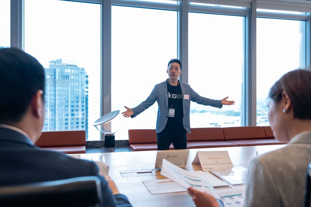 Eddie Yu, co-founder and chief executive of Okosix, explains his green-tech company’s business plans to jury members. Eddie Yu, co-founder and chief executive of Okosix, explains his green-tech company’s business plans to jury members.
