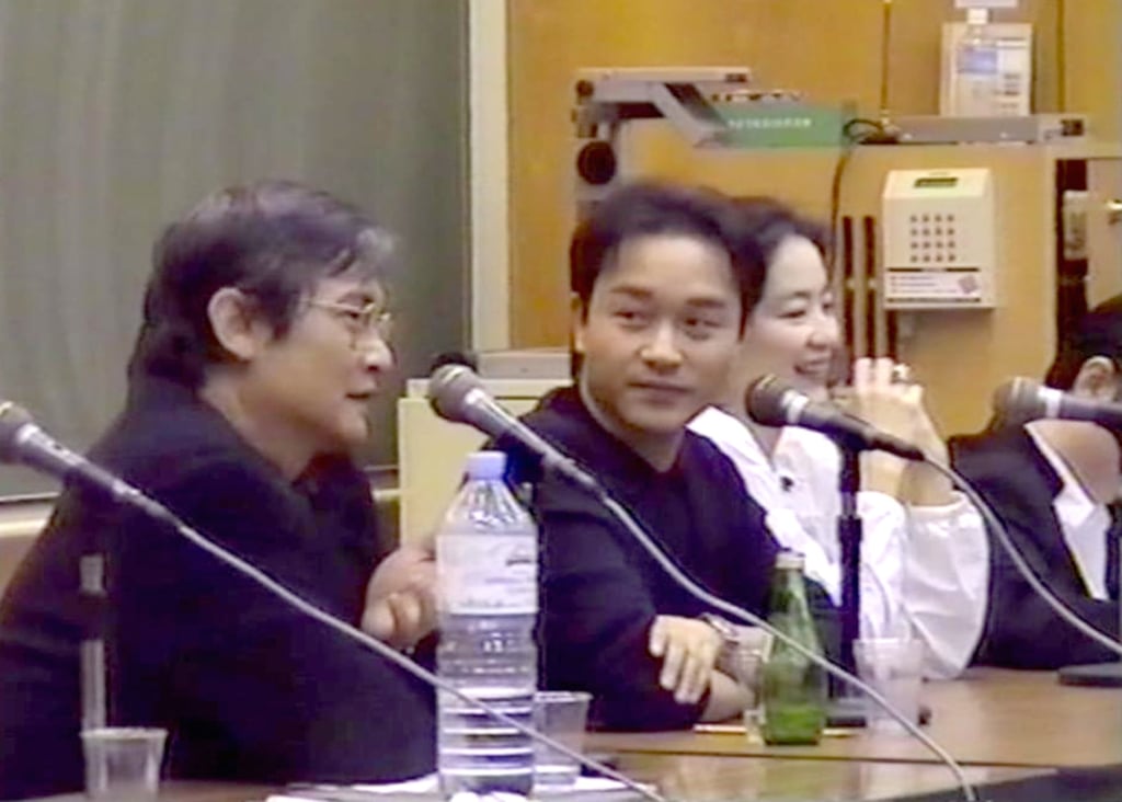 Ackbar Abbas (left) takes part in a talk at the University of Hong Kong with singer Leslie Cheung (centre) and actor Brigitte Lin (right) in March 1999.