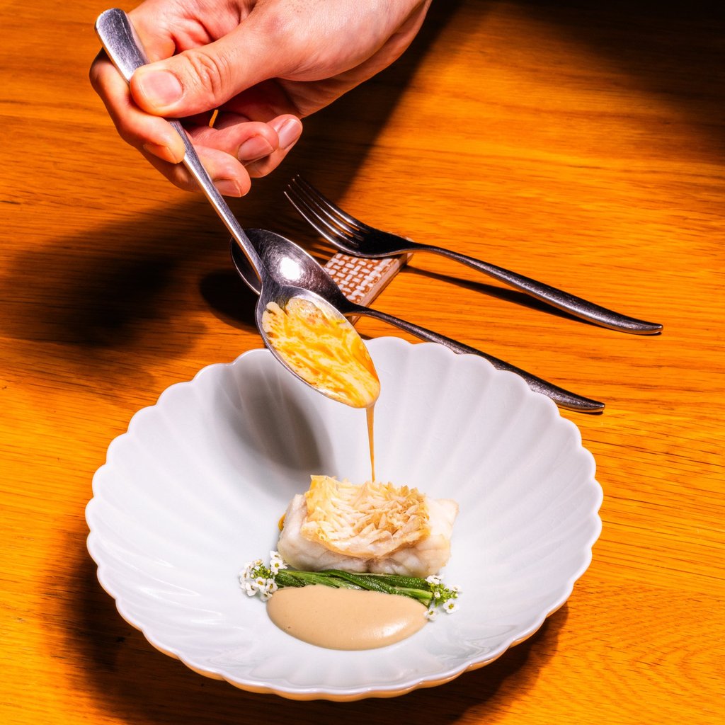 Tilefish with sambal okra and eggplant purée. Photo: Jocelyn Tam Tilefish with sambal okra and eggplant purée. Photo: Jocelyn Tam