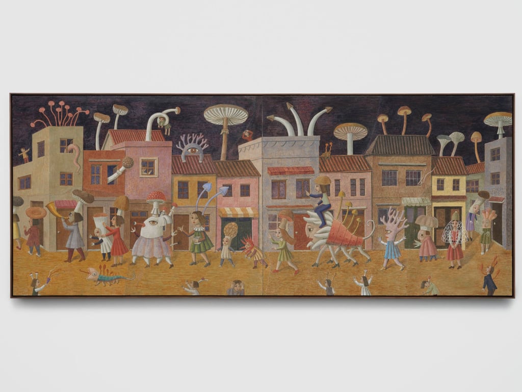 Night Parade of One Hundred Fungi (2026), by Shigeo Otake. Many of the buildings in his paintings are drawn from places that Otake has encountered. Photo: courtesy of White Cube Night Parade of One Hundred Fungi (2026), by Shigeo Otake. Many of the buildings in his paintings are drawn from places that Otake has encountered. Photo: courtesy of White Cube