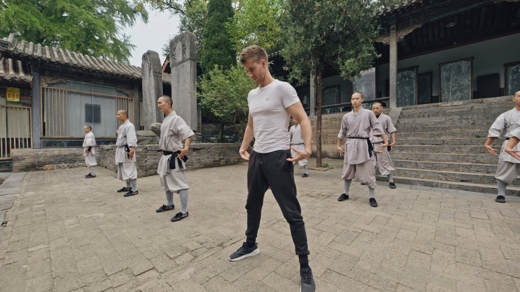 Welsh athlete Ash Dykes training at Shaolin Temple in BBC’s documentary, The Great Wall with Ash Dykes. Photo: Handout