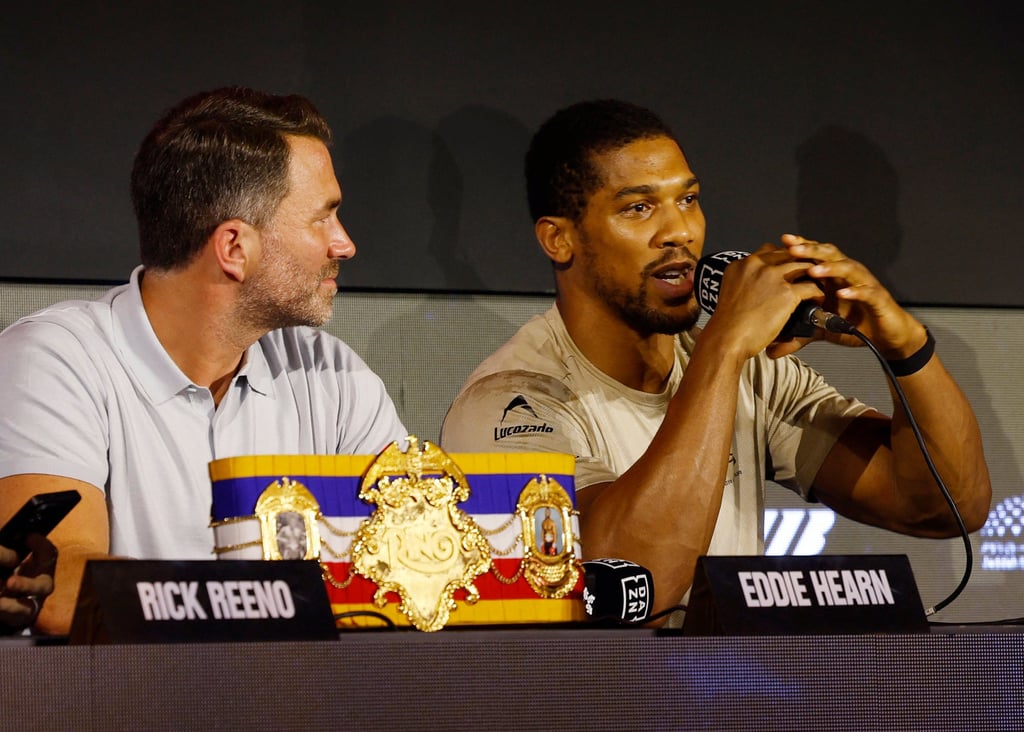 Anthony Joshua (right) and promotor Eddie Hearn answer questions from the media in Riyadh. Photo: Reuters Anthony Joshua (right) and promotor Eddie Hearn answer questions from the media in Riyadh. Photo: Reuters