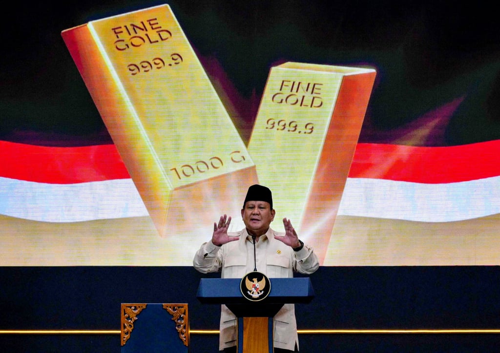 Indonesia’s President Prabowo Subianto delivers a speech during the inauguration of a bullion banking service in Jakarta last year. Photo: AFP Indonesia’s President Prabowo Subianto delivers a speech during the inauguration of a bullion banking service in Jakarta last year. Photo: AFP