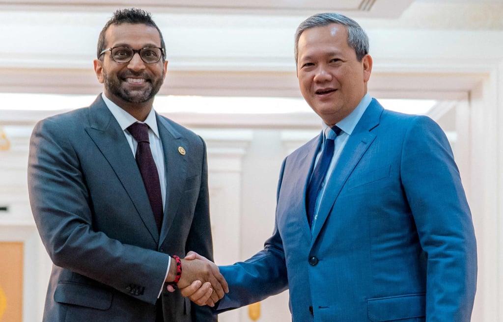 Cambodia’s Prime Minister Hun Manet (righ) shakes hands with FBI Director Kash Patel during a meeting at the Peace Palace in Phnom Penh on Wednesday. Photo: AKP/AFP Cambodia’s Prime Minister Hun Manet (righ) shakes hands with FBI Director Kash Patel during a meeting at the Peace Palace in Phnom Penh on Wednesday. Photo: AKP/AFP