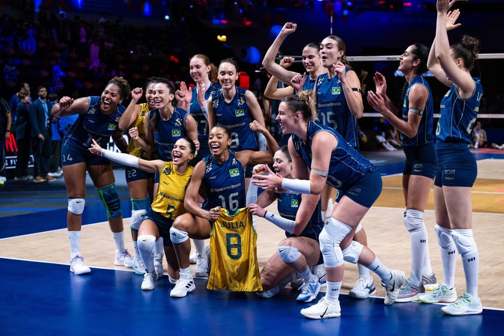 Brazil players celebrating beating Italy. Photo: Xinhua