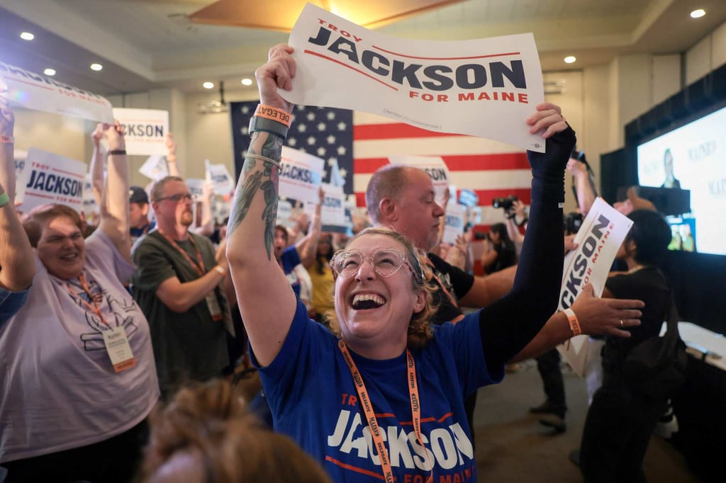 Delegates cheer as Troy Jackson is announced as their US Senate nominee in Bangor, Maine, on Saturday. Photo: AFP Delegates cheer as Troy Jackson is announced as their US Senate nominee in Bangor, Maine, on Saturday. Photo: AFP