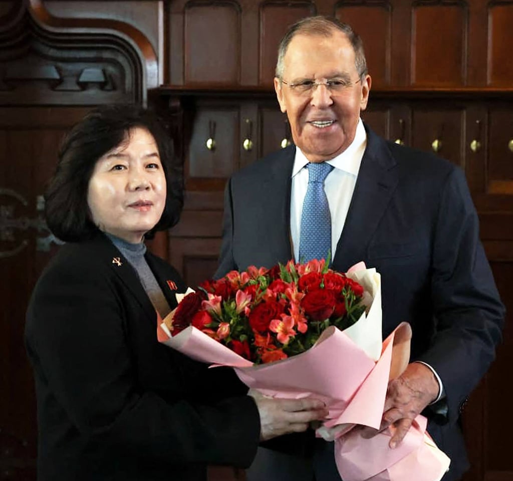 Russia’s Foreign Minister Sergey Lavrov (right) welcomes North Korea’s Foreign Minister Choe Son-hui ahead of a meeting in Moscow on Monday. Photo: Russian Foreign Ministry/AFP Russia’s Foreign Minister Sergey Lavrov (right) welcomes North Korea’s Foreign Minister Choe Son-hui ahead of a meeting in Moscow on Monday. Photo: Russian Foreign Ministry/AFP