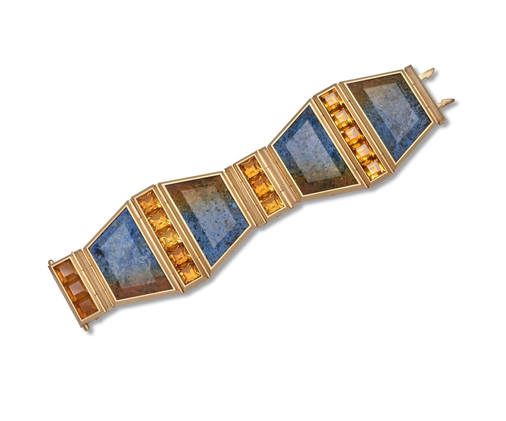 Pottering Around bracelet in bronze, set with dumortierite and Palmeira citrine, by Cora Sheibani. Photo: Handout