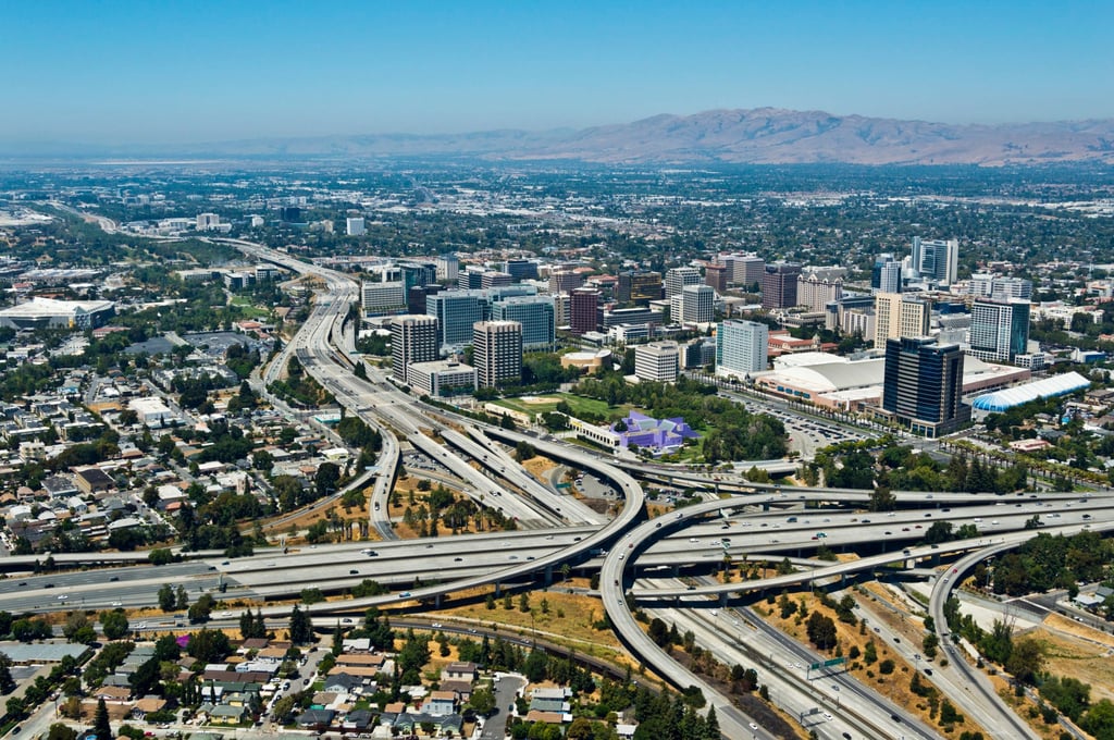San Jose, the commercial hub of Silicon Valley, California, and its network of freeways. The San Francisco Bay Area has long been understood as a region made up of the nine counties that touch the bay. Photo: Getty Images San Jose, the commercial hub of Silicon Valley, California, and its network of freeways. The San Francisco Bay Area has long been understood as a region made up of the nine counties that touch the bay. Photo: Getty Images