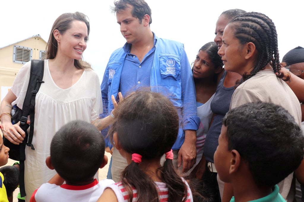 Angelina Jolie at a camp run by the UN refugee agency in Maicao, Colombia in 2019. Photo: Colombian Foreign Ministry via Reuters