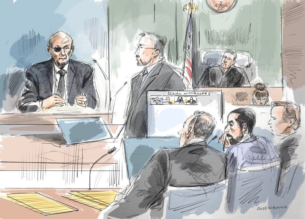 Salman Rushdie testifying on July 23. Courtroom sketch: Alexandra Newbould via AP Salman Rushdie testifying on July 23. Courtroom sketch: Alexandra Newbould via AP