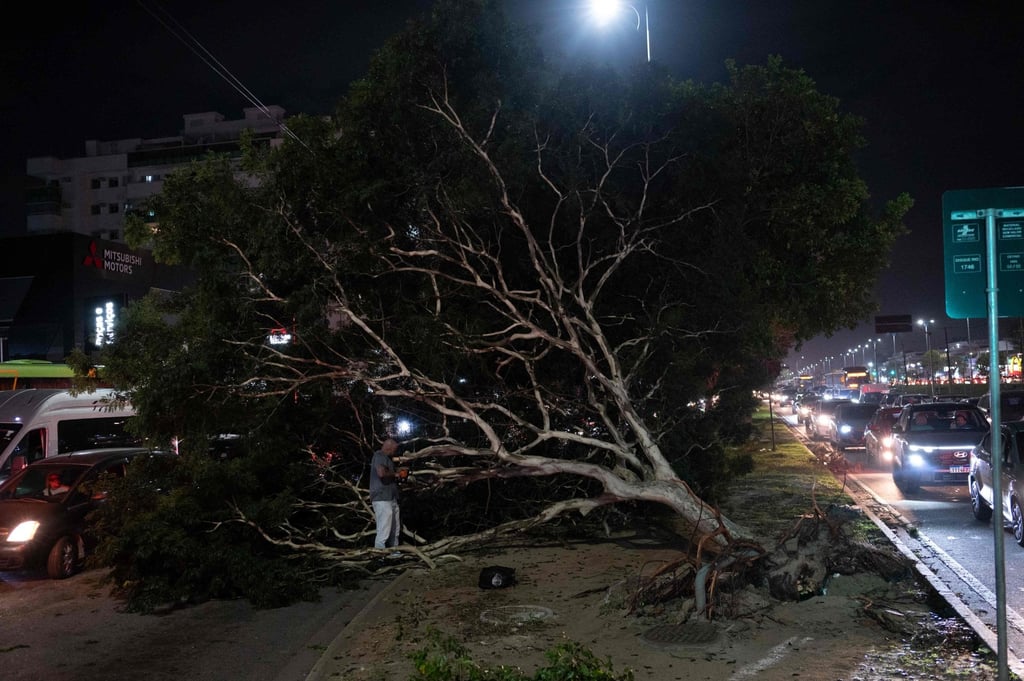 A tree lies on the median of Avenida das Americas after strong gusts in Rio de Janeiro, Brazil, on Wednesday. Photo: AFP A tree lies on the median of Avenida das Americas after strong gusts in Rio de Janeiro, Brazil, on Wednesday. Photo: AFP