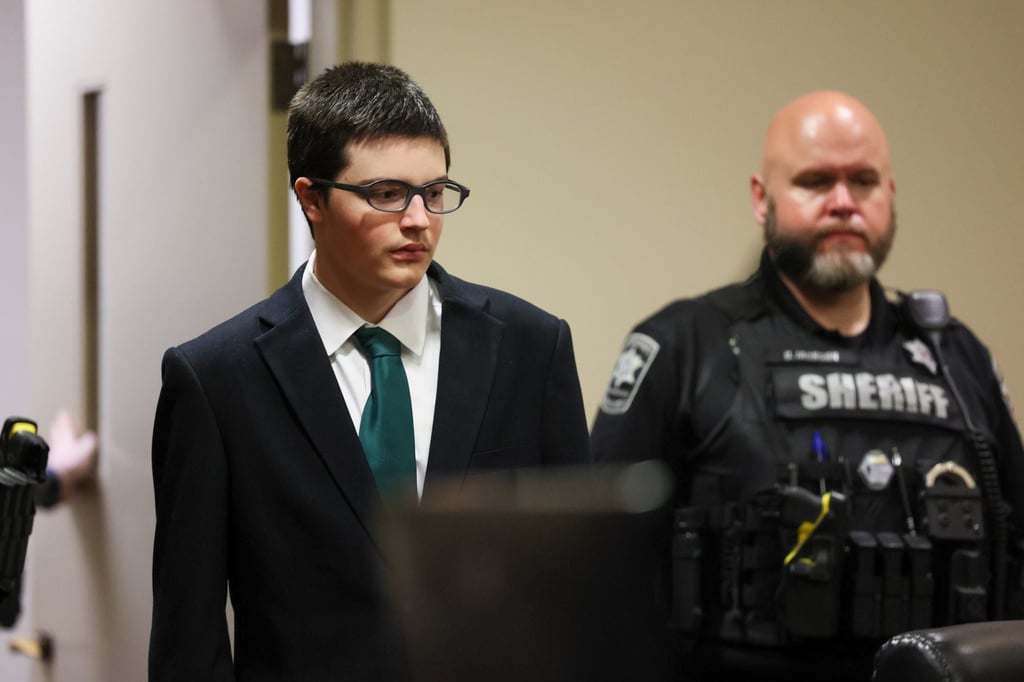 Colt Gray is led in by deputies for his sentencing in Winder, Georgia, on Monday. Photo: AP