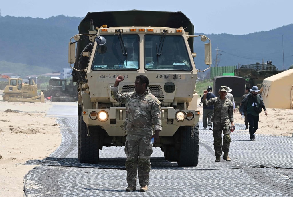 A US marine leads a military vehicle at a beach during a joint field training exercise conducted by South Korea-US Combined Forces Command in Pohang on July 15. Photo: AFP A US marine leads a military vehicle at a beach during a joint field training exercise conducted by South Korea-US Combined Forces Command in Pohang on July 15. Photo: AFP