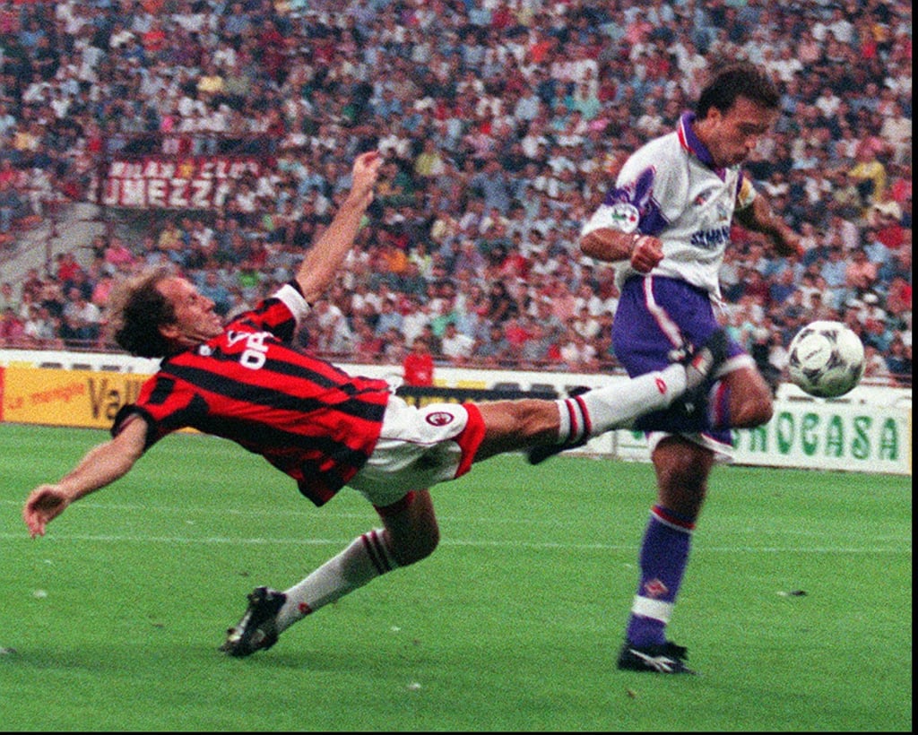 Fiorentina’s Gabriel Batistuta (right) is tackled by AC Milan’s Franco Baresi during the 1996 Italian Super-Cup final. Photo: AP Fiorentina’s Gabriel Batistuta (right) is tackled by AC Milan’s Franco Baresi during the 1996 Italian Super-Cup final. Photo: AP
