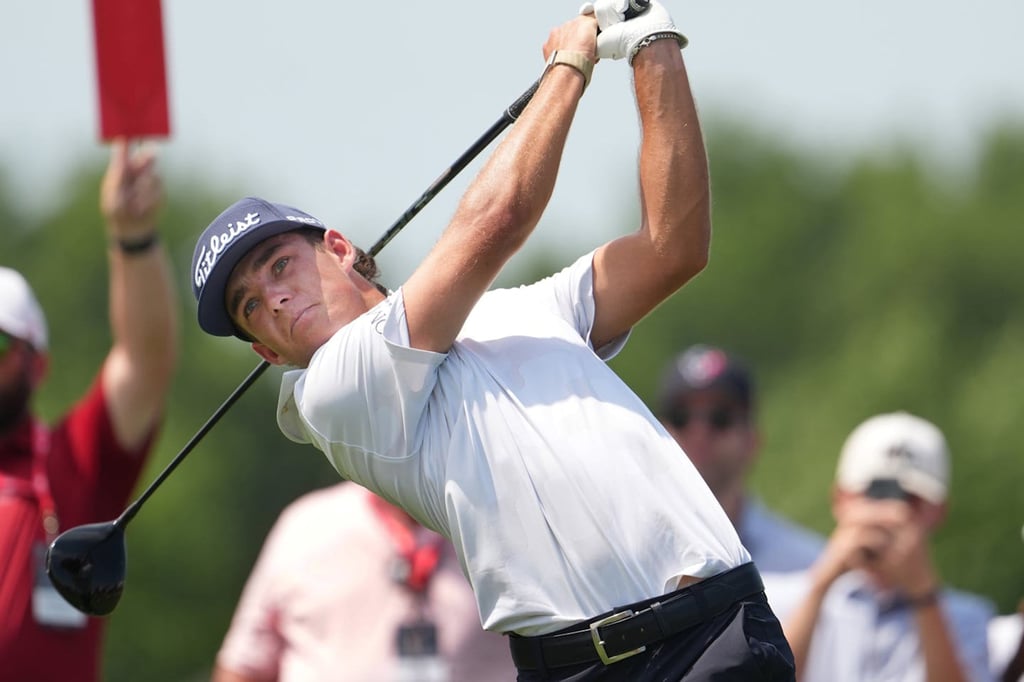 Jackson Koivun tees off on the ninth hole on the final day of the 3M Open in Blaine on July 26. Photo: TNS Jackson Koivun tees off on the ninth hole on the final day of the 3M Open in Blaine on July 26. Photo: TNS