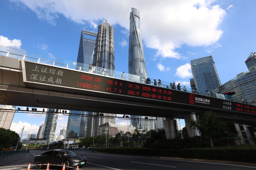 An electronic screen shows index prices on a pedestrian overpass in Shanghai’s Lujiazui district. Photo: Getty Images