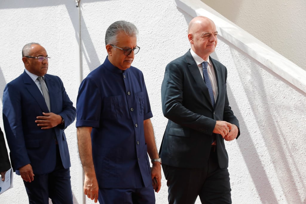 AFC president Salman Bin Ibrahim Al-Khalifa (centre), with Gianni Infantino in Kuala Lumpur in 2018. Photo: AP AFC president Salman Bin Ibrahim Al-Khalifa (centre), with Gianni Infantino in Kuala Lumpur in 2018. Photo: AP
