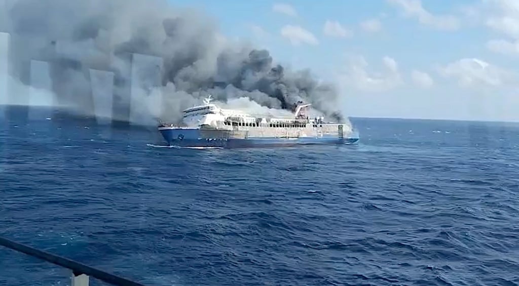The fire-stricken passenger vessel KMP Mutiara Sentosa 2 off the coast of Indonesia on Sunday. Photo: Handout via EPA