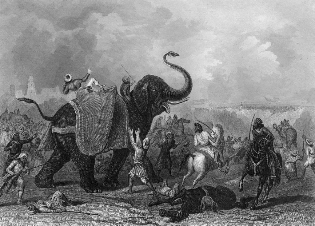 A print published in 1857 depicting “The Siege of Mooltan” (Multan) and an elephant being struck by a cannonball. The Siege of Multan was precipitated by a revolt in the city after the East India Company imposed a ruler on the inhabitants, beginning the Second Anglo-Sikh War. Photo: The Print Collector/Print Collector/Getty Images