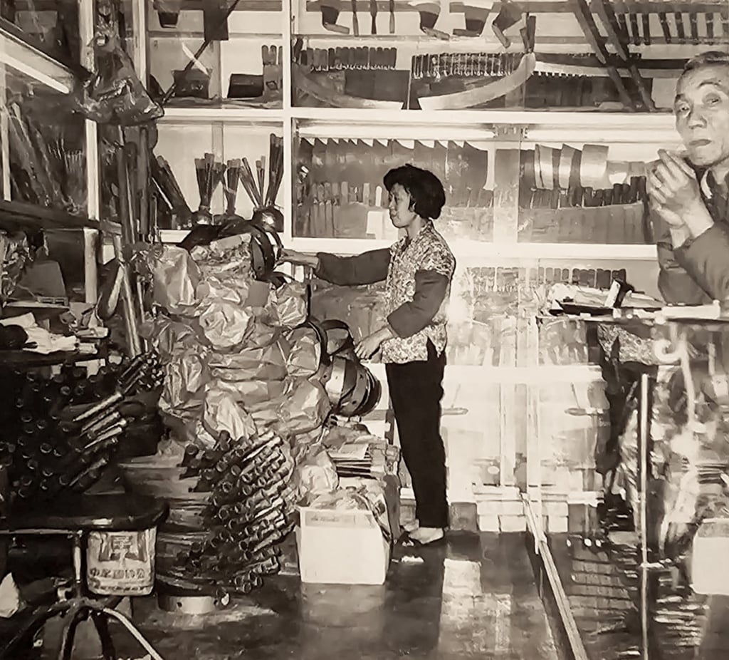 Leung Hung’s grandfather (right) and mother in the first Leung Tim Choppers Factory, at Sham Shui Po’s Pei Ho Street Market, in the 1960s. Photo: courtesy Leung Hung