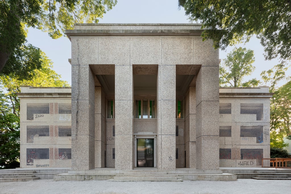 An external view of the German Pavilion at the 61st Venice Biennale. The facade is covered in Sung Tieu’s Human Dignity Shall Be Inviolable (2026). Photo: Andrea Rossetti An external view of the German Pavilion at the 61st Venice Biennale. The facade is covered in Sung Tieu’s Human Dignity Shall Be Inviolable (2026). Photo: Andrea Rossetti