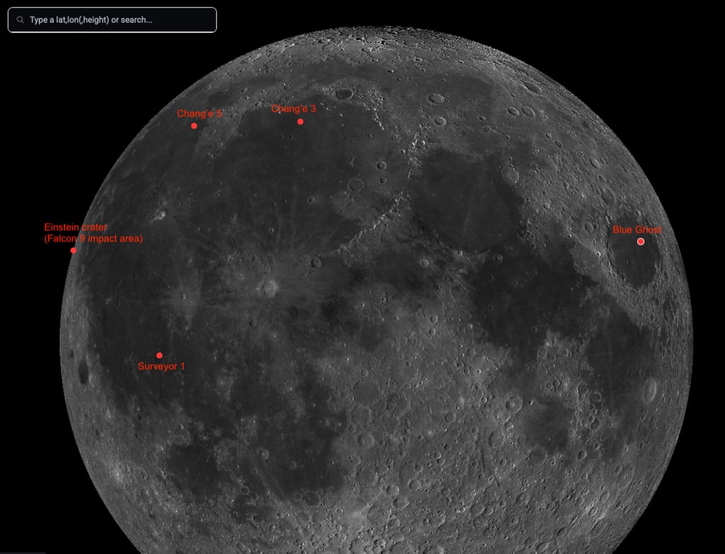 Nasa’s Lunar Reconnaissance Orbiter map shows the predicted impact site for a Falcon 9 rocket part, expected to strike the moon on Wednesday, and the locations of other moon landers. Image: Nasa