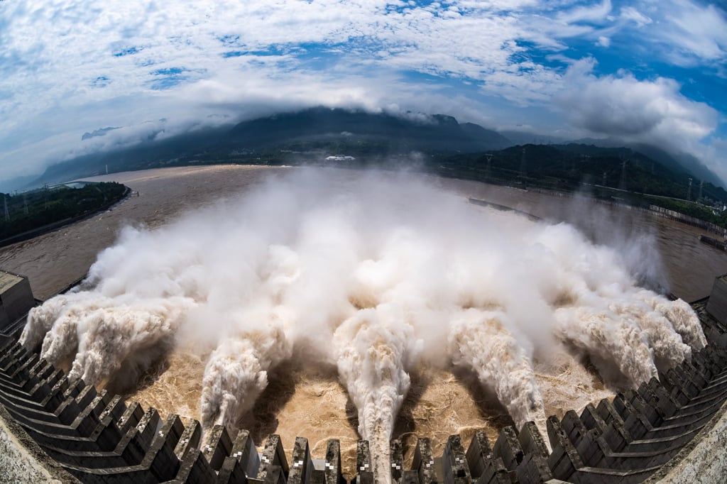 Water gushes out from the Three Gorges Dam through nine of its flood discharge gates to spare more capacity for incoming floods from upper reaches of the Yangtze River, in central China’s Hubei Province. Photo: Xinhua