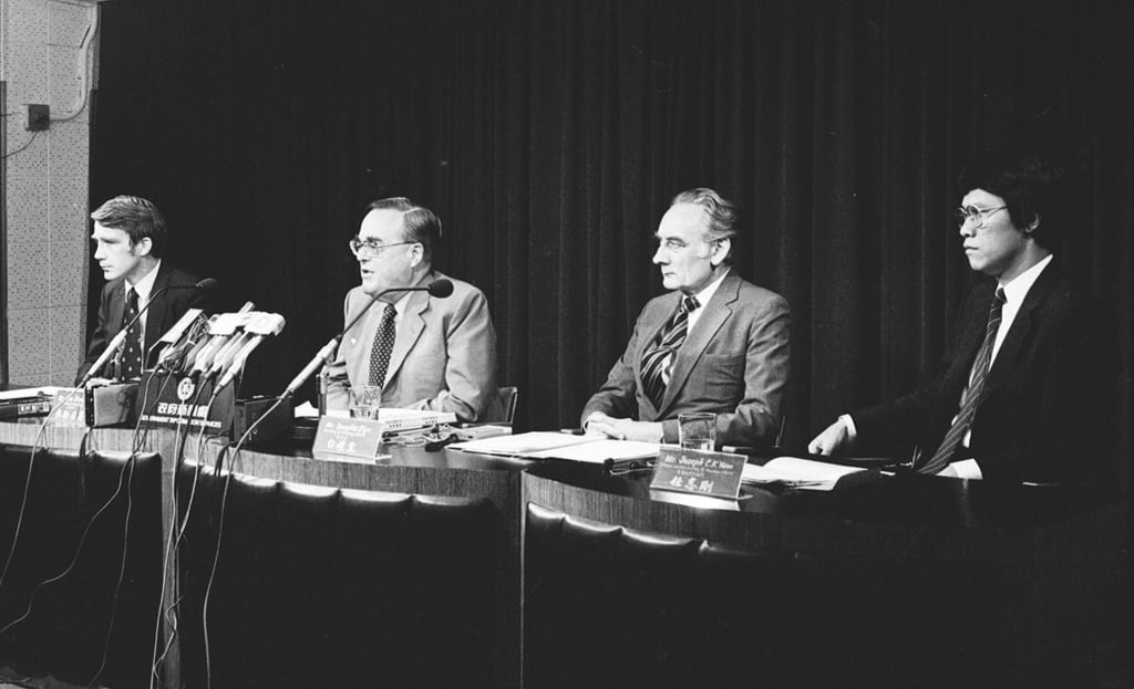 The then-Financial Secretary Sir John Bremridge (second from the left), with the Secretary for Monetary Affairs, Douglas Blye (second from right) and Principal Assistant Secretary for Monetary Affairs, Joseph Yam Chi-kwong (right) announce the pegging of the Hong Kong dollar to the United States dollar at the rate of HK$7.80 against the greenback in October 1983. Photo: SCMP