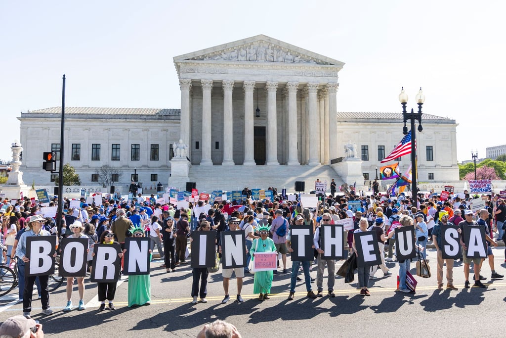 Protesters gather outside the Supreme Court as the justices hear oral arguments in the birthright citizenship case in Washington in April. Photo: EPA