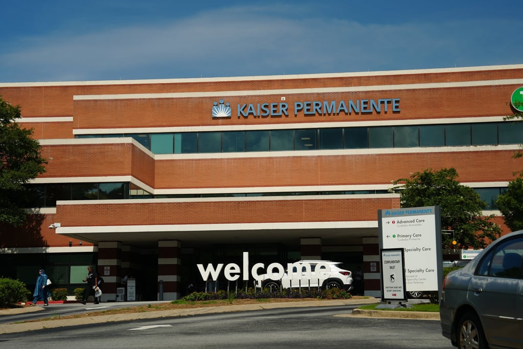 Signs mark the exterior of the Kaiser Permanente medical centre in Jonesboro, Georgia, on Thursday. Photo: AP