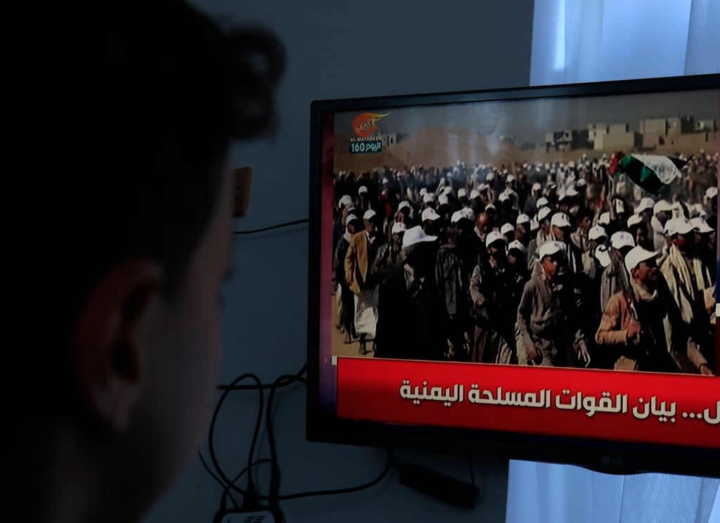 A TV broadcast on the latest developments in the Yemeni conflict as seen in Sanaa on Thursday. Photo: EPA A TV broadcast on the latest developments in the Yemeni conflict as seen in Sanaa on Thursday. Photo: EPA