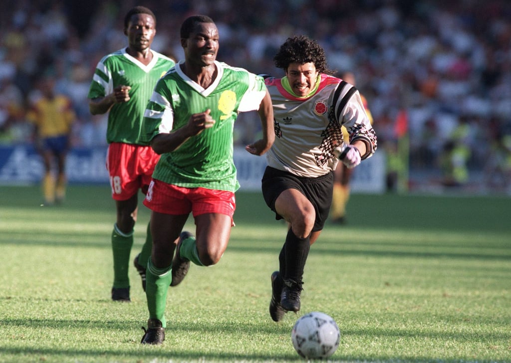 Cameron’s Roger Milla (left) is considered the oldest non-goalkeeper to have appeared at a World Cup. Photo: AFP Cameron’s Roger Milla (left) is considered the oldest non-goalkeeper to have appeared at a World Cup. Photo: AFP