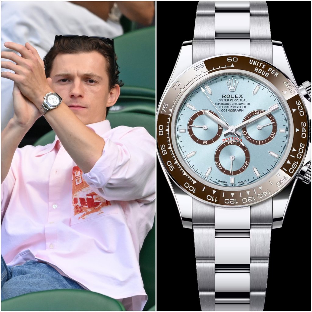 Tom Holland sports a Rolex Cosmograph Daytona in platinum at the 2025 Wimbledon Championships. Photos: Getty Images; Handout