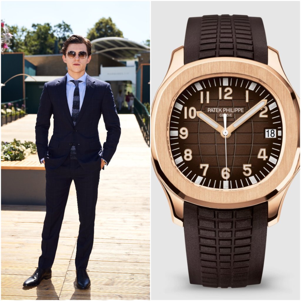 Tom Holland pairs his Ralph Lauren suit with the Patek Philippe Aquanaut 5167R-001 at Wimbledon in 2018. Photos: Chris Allerton; Handout