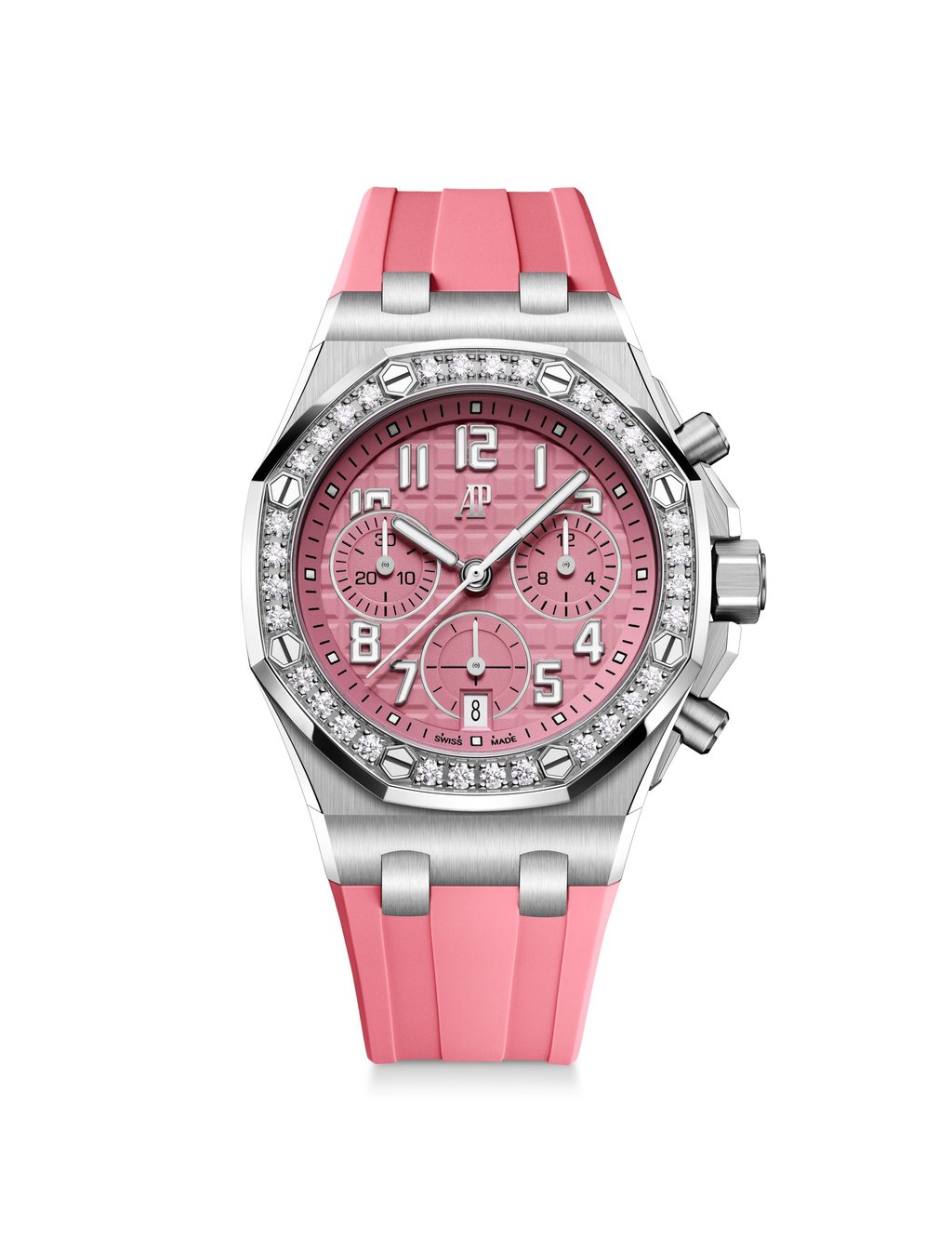 Audemars Piguet 37mm Royal Oak Offshore Selfwinding Chronograph in pink with a diamond-set bezel. Photo: Handout Audemars Piguet 37mm Royal Oak Offshore Selfwinding Chronograph in pink with a diamond-set bezel. Photo: Handout