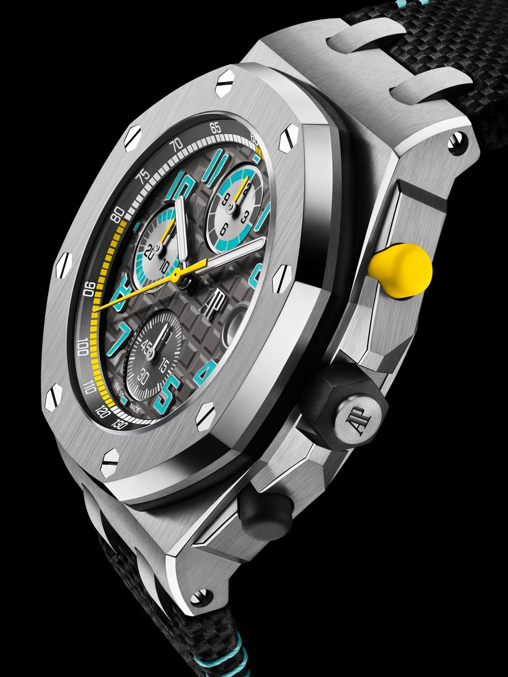Audemars Piguet 42mm Royal Oak Offshore Selfwinding Chronograph with turquoise and yellow accents. Photo: Handout Audemars Piguet 42mm Royal Oak Offshore Selfwinding Chronograph with turquoise and yellow accents. Photo: Handout