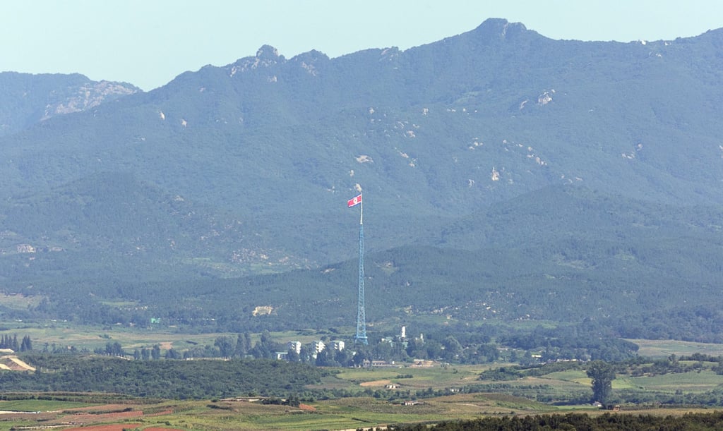 A North Korean flag flies in the North’s Kijong village on the western border with South Korea, as seen from an observatory in Paju, South Korea, on Wednesday. Photo: Yonhap/EPA A North Korean flag flies in the North’s Kijong village on the western border with South Korea, as seen from an observatory in Paju, South Korea, on Wednesday. Photo: Yonhap/EPA