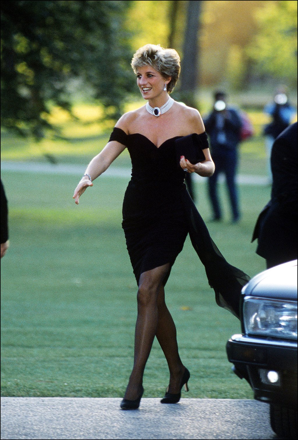 Princess Diana arriving at London’s Serpentine Gallery in 1994 in her “revenge dress”, a gown by Christina Stambolian. Photo: Getty Images