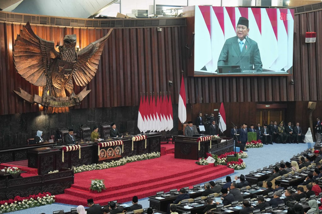 Indonesian President Prabowo Subianto delivers his annual State of the Nation Address ahead of the country’s Independence Day at the parliament building in Jakarta, Indonesia, on Friday. Photo: AP Indonesian President Prabowo Subianto delivers his annual State of the Nation Address ahead of the country’s Independence Day at the parliament building in Jakarta, Indonesia, on Friday. Photo: AP