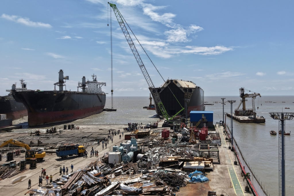 A view of the shipbreaking yard after a suspected gas leak during the dismantling of a decommissioned ship in the Sitakunda area of Chattogram, Bangladesh, Friday, Aug. 14, 2026. (AP Photo)