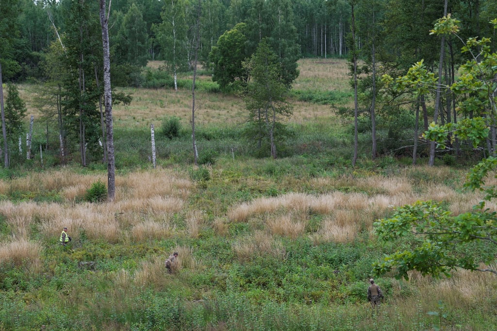 Servicemen of the Latvian National Guard walk on a field as they search for the debris from an intercepted drone in Rugaji, Latvia, on Friday. Photo: Reuters