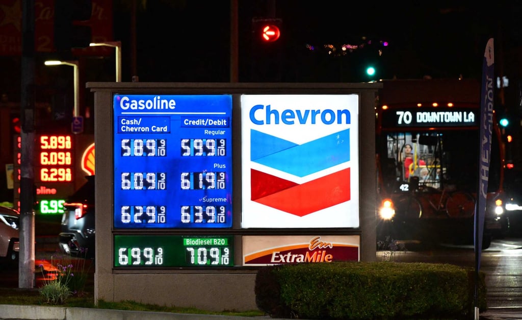 Petrol prices are seen listed as motorists make their way during the evening commute in California on Thursday. Photo: AFP