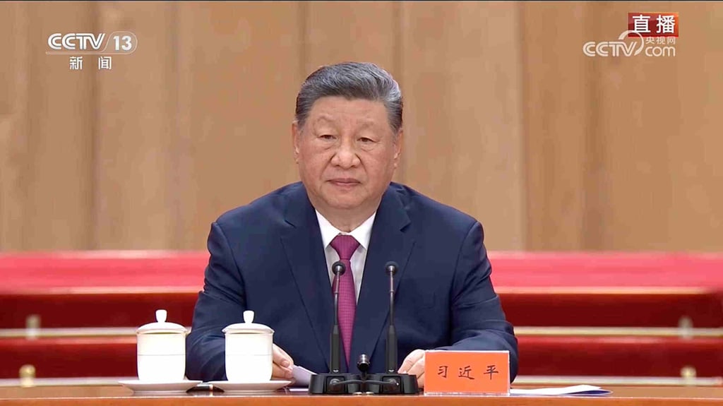 President Xi Jinping presides over a grand ceremony in Beijing on Monday to commemorate the 100th anniversary of the birth of former state leader Jiang Zemin. Photo: CCTV