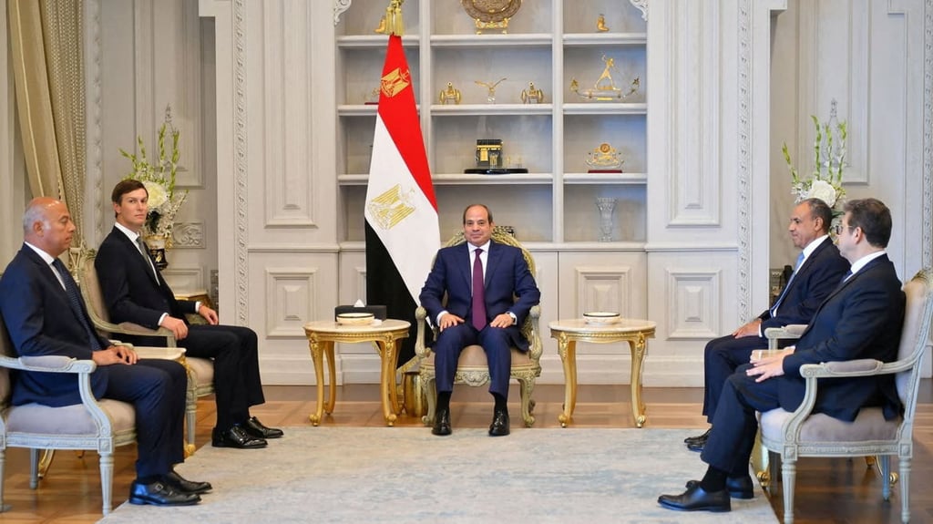 Jared Kushner (2nd from left), US President Donald Trump’s envoy and son-in-law, meets with Egyptian President Abdel-Fattah el-Sisi (middle) in El-Alamein, Egypt on Sunday. Photo: Handout via Reuters Jared Kushner (2nd from left), US President Donald Trump’s envoy and son-in-law, meets with Egyptian President Abdel-Fattah el-Sisi (middle) in El-Alamein, Egypt on Sunday. Photo: Handout via Reuters