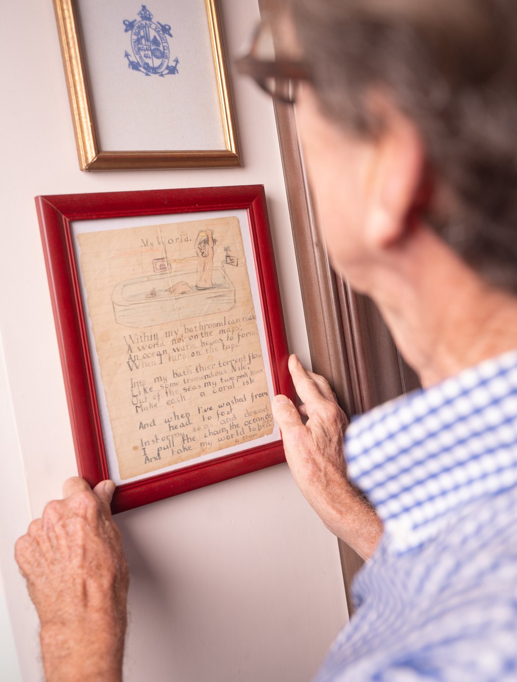 A framed poem written by Elsom when he was a child. Photo: Alexander Mak A framed poem written by Elsom when he was a child. Photo: Alexander Mak