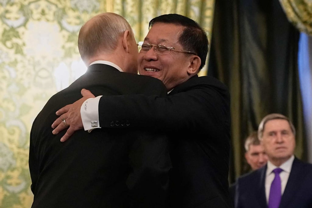Myanmar’s Min Aung Hlaing embraces Russian President Vladimir Putin at the Kremlin in Moscow in March 2025. Photo: AFP Myanmar’s Min Aung Hlaing embraces Russian President Vladimir Putin at the Kremlin in Moscow in March 2025. Photo: AFP